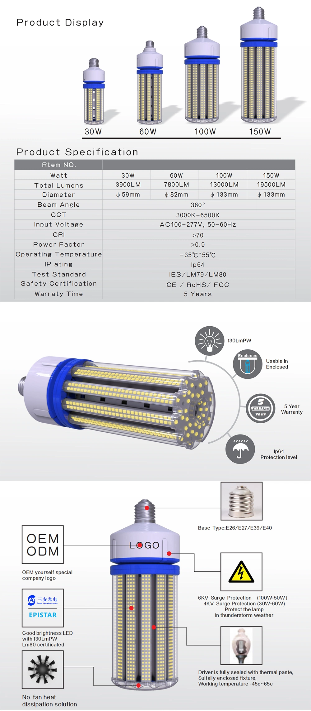 100W SMD LED Corn Lamp Bulb E27 E40 Screw for Home Household